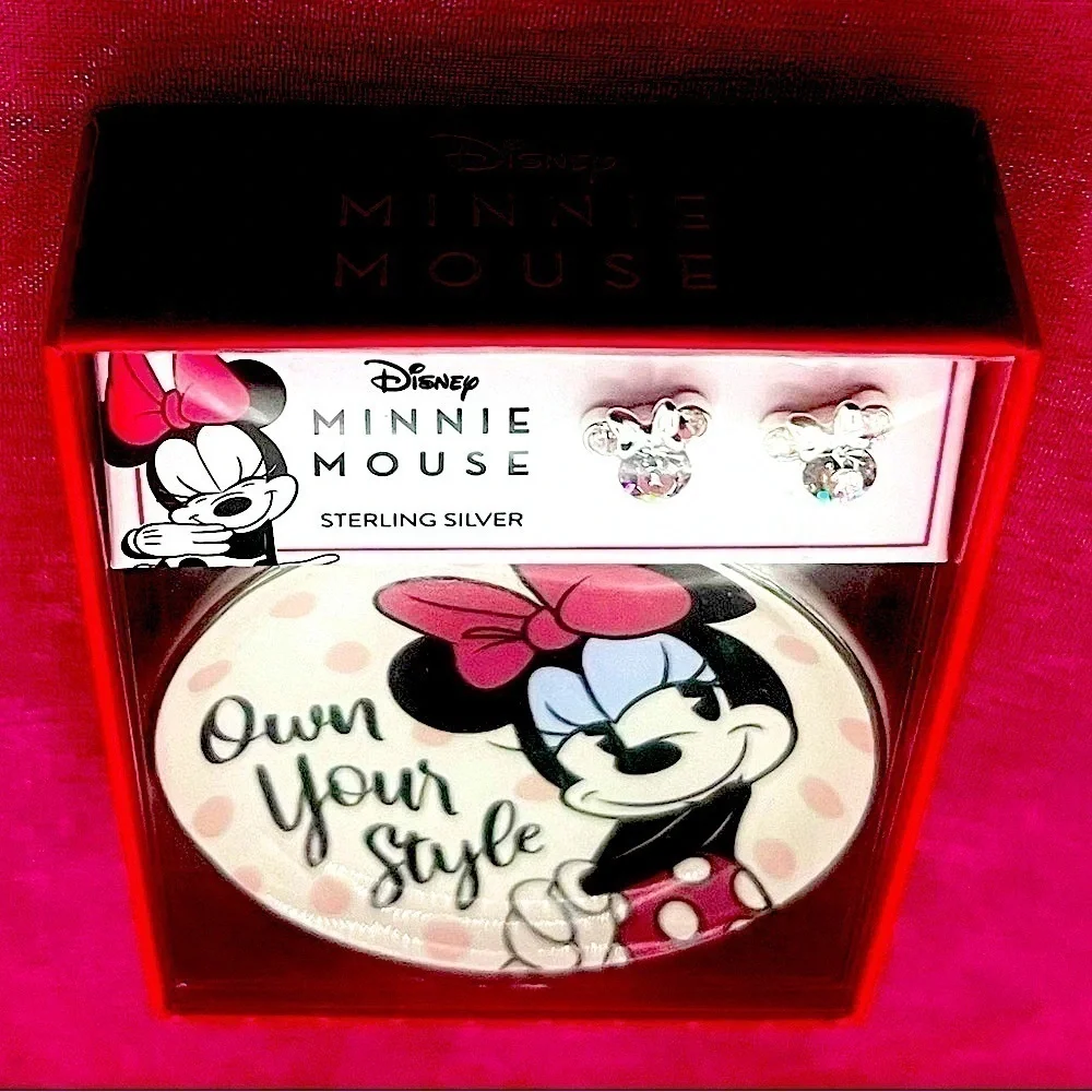 Disney MINNIE MOUSE Sterling Silver Clear Crystal Stud Earrings & Trinket Dish